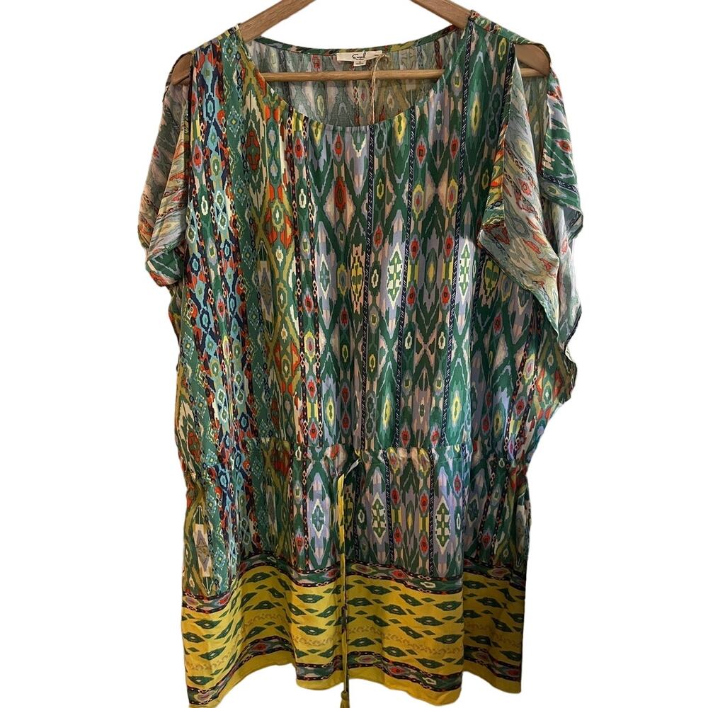 Mini dress tie waist geometric / tribal yellow/ green size small